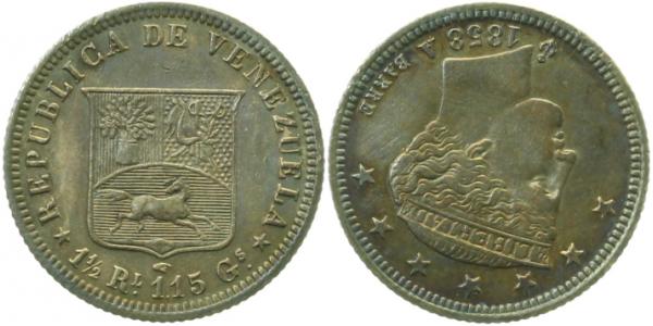 ½ Real 1858 Venezuela Patina RAR! y#8 1 1,15 Gs vz/stgl