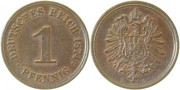 1 Pfennig 1874 C Adlerseite mittig schwach geprägt Patina fast prägerfrisch