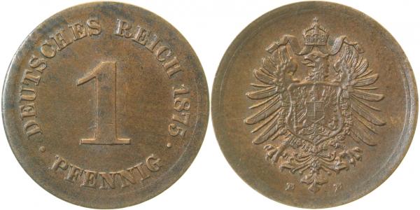 1 Pfennig 1875 E J001 ohne Ring geprägt Unikat vz+