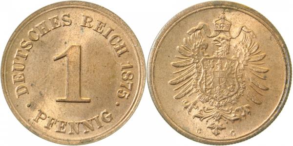1 Pfennig 1875 G deutlicher Riffelrand J001 bfr/stgl RRR