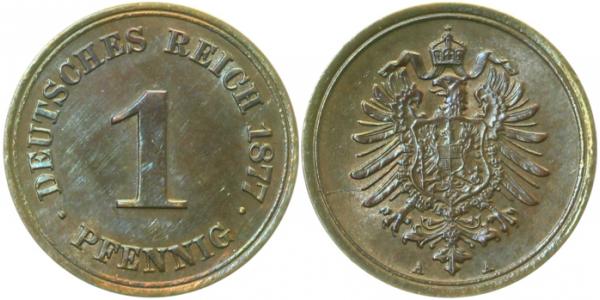 1 Pfennig 1877 A f. prfr schöne Patina J001