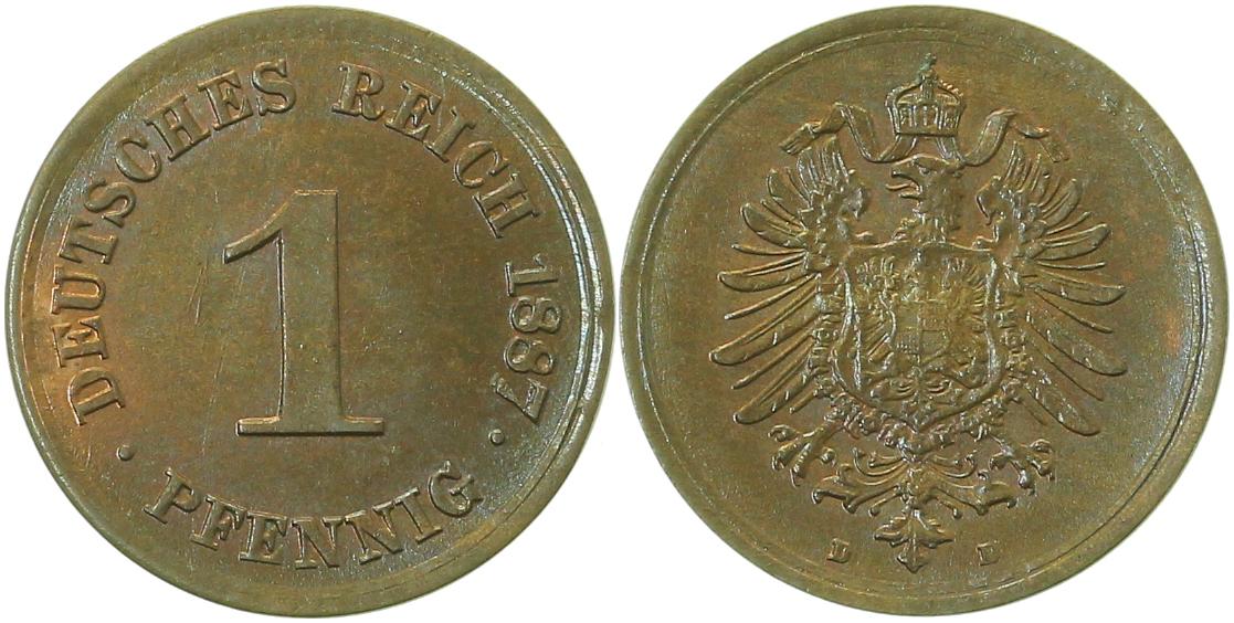 1 Pfennig 1887 D J001 teilweise Originalfarbe f prfr/stgl