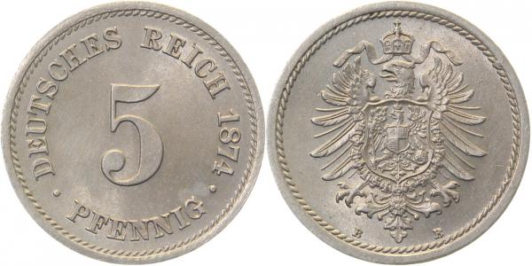 5 Pfennig 1874 B ganz leichter Riffelrand J003 prfr/stgl