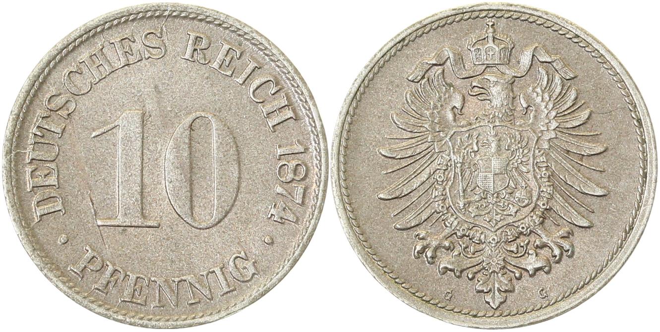 10 Pfennig 1874 G prfr mit leichtem Riffelrand