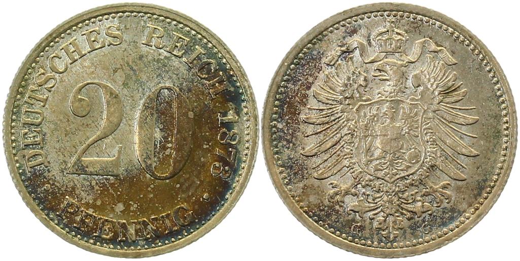 20 Pfennig 1873 G prfr/stgl, Patina, min Krätzerchen TOP