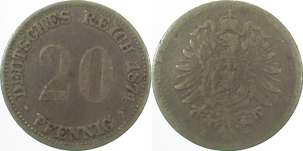 20 Pfennig 1874 B s/ss WS: stark doppelt J005