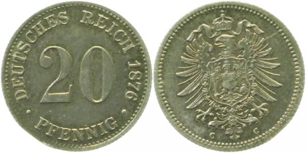 20 Pfennig 1876 C vz/stgl leichtes Zainende Patina J005