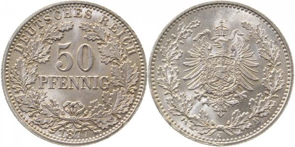 50 Pfennig 1877 J prfr/stgl!!, minimaler Schrötlinngsfehler am Ran