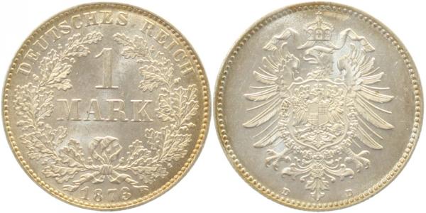 1 Mark 1873 D prfr/stgl, leicht goldene Patina