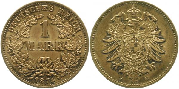 1 Mark 1874 F fast stempelglanz herrliche Patina J009