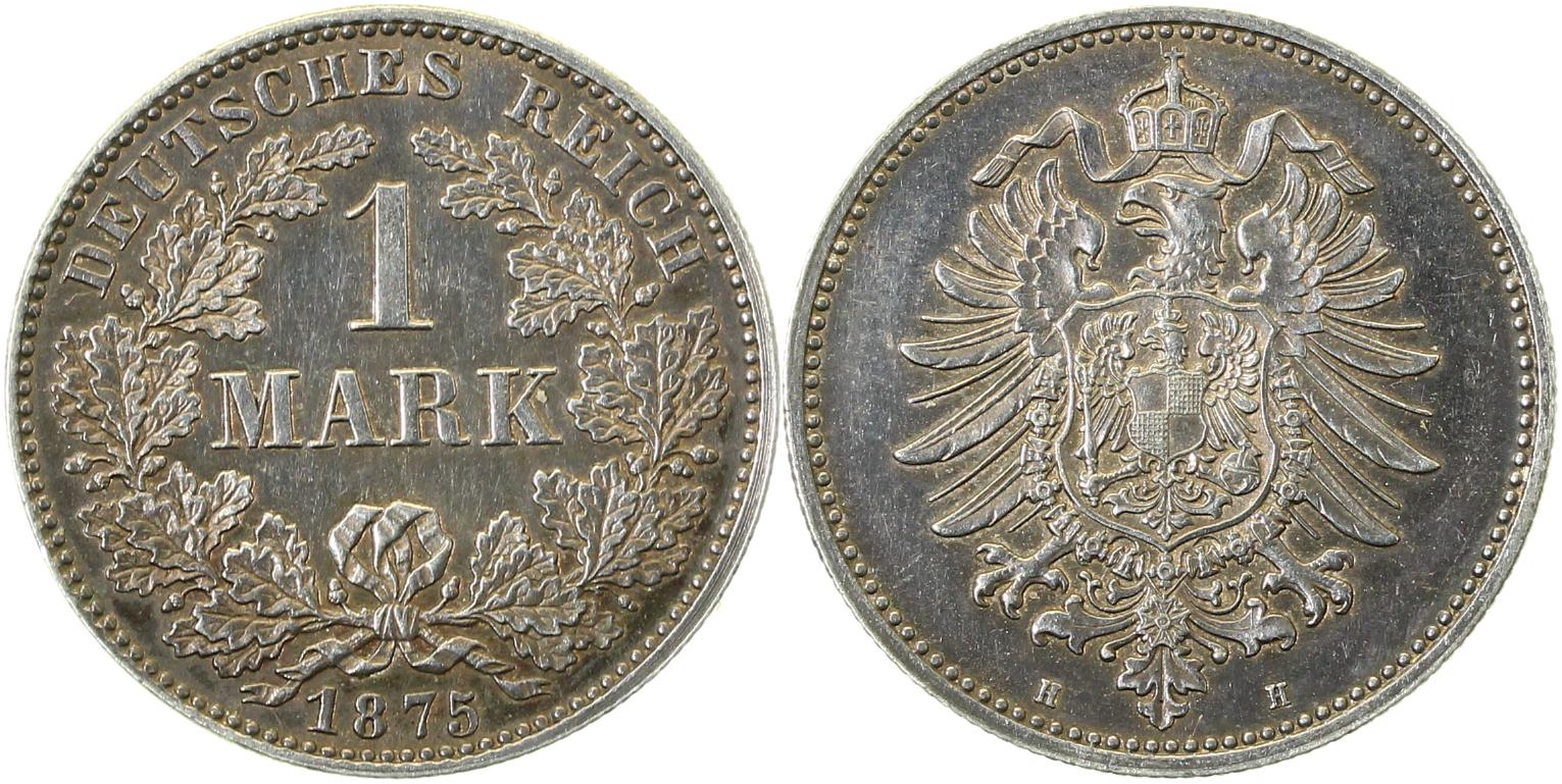 1 Mark 1875 H PP- minimal berührt, herrliche Patina Proof-