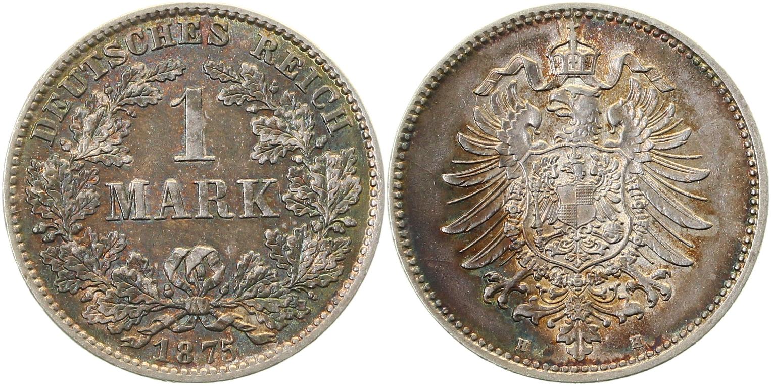 1 Mark 1875 H vz/stg, schöne Patina J009 Gedenkmünzen