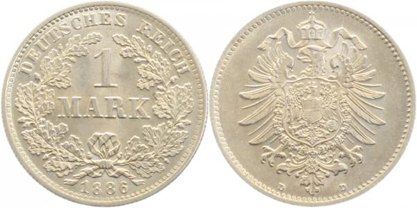 1 Mark 1886 D prfr/stgl, beginnende goldene Patina J009