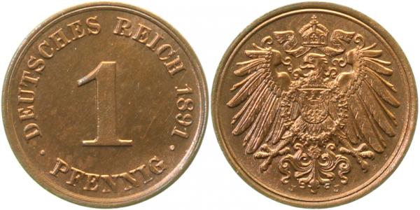 1 Pfennig 1891 J Erstabschlag RAR minimal Krätzerchen