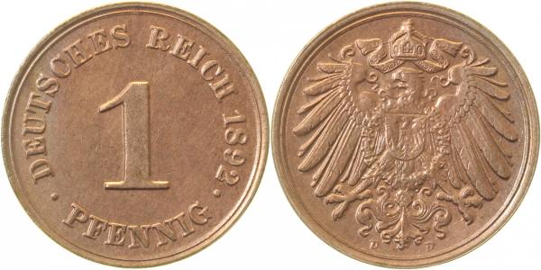 1 Pfennig 1892 D prfr/stg J010 weitgehend Originalfarbe
