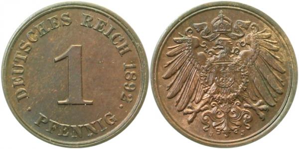 1 Pfennig 1892 J prfg/stgl schöne Patina J010