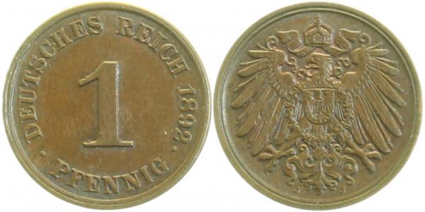 1 Pfennig 1892 J vz/stgl Lichterader Prägung J010