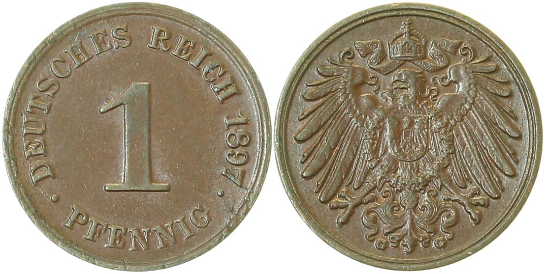 1 Pfennig 1897 G J010 prägebedingt etwas unsauberer Rand