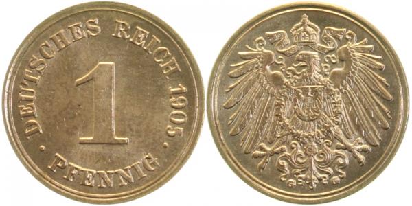 1 Pfennig 1905 G prfr/stgl Münzzeichen doppelt J010
