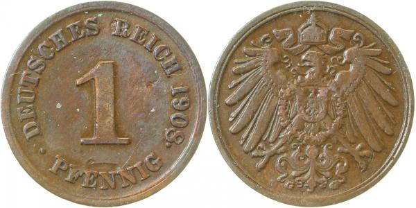 1 Pfennig 1908 G | Variante | Punkt direkt am "8" ss-