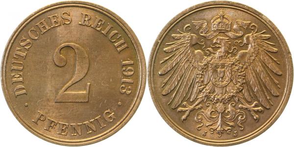 2 Pfennig 1913 J prfr/st zaponiert !!