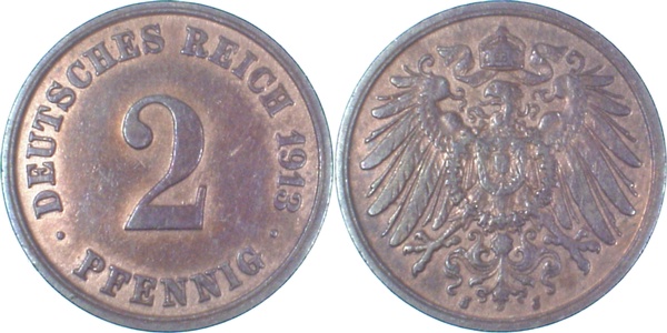 2 Pfennig 1913 J vz+ J011 vz+ 2 Pfennig