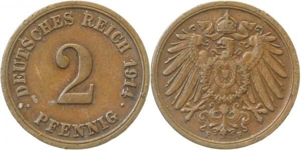 2 Pfennig 1914 F J011 kleiner Randfehler, 10 000 Auflage ss+