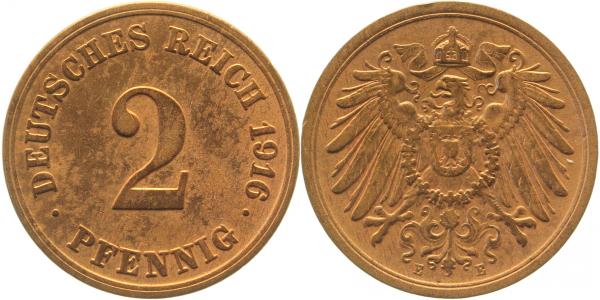 2 Pfennig 1916 E vz/st ! gereinigt J011 vz/st 2 Pfennig