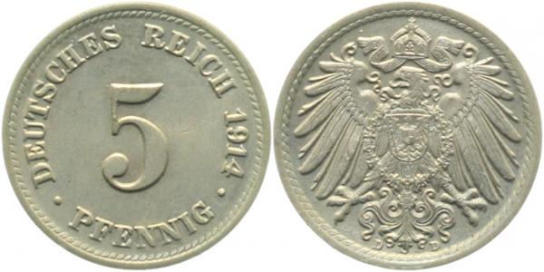 5 Pfennig 1914 D prfr/stgl! J012 prfr / stgl! 5 Pfennig