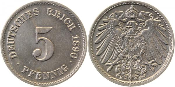 5 Pfennig 1890 F stgl/prfr/st!!!