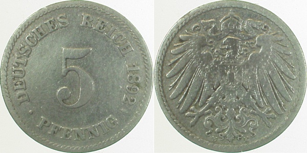 5 Pfennig 1892 E J012 ss