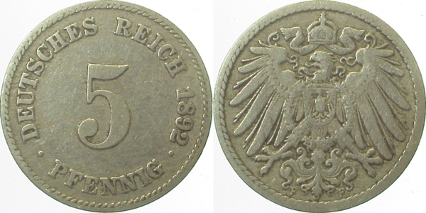 5 Pfennig 1892 F ss J012 ss 5 Pfennig
