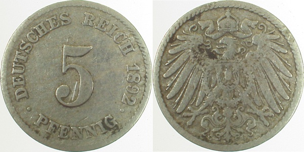 5 Pfennig 1892 G ss J012 ss 5 Pfennig
