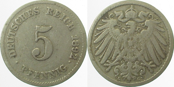 5 Pfennig 1892 G ss- J012 ss- 5 Pfennig