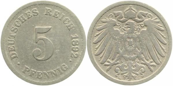 5 Pfennig 1892 G s/ss J012 s / ss 5 Pfennig