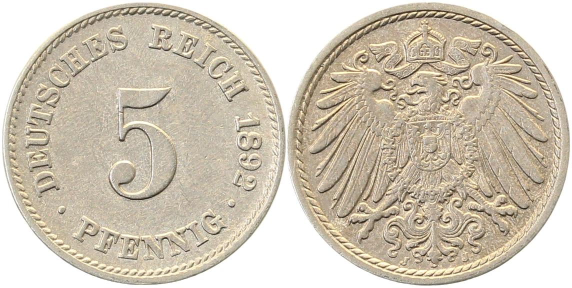5 Pfennig 1892 J Gedenkmünzen selten in der Erhaltung fast vorzüglich
