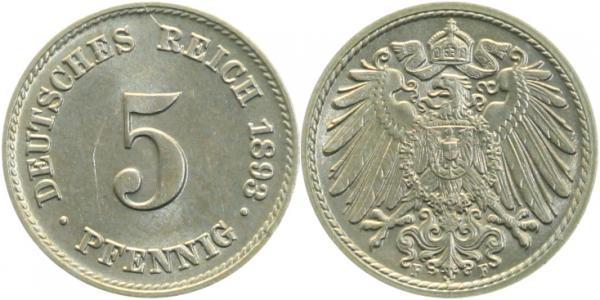 5 Pfennig 1893 F vz/st ! J012 vz/st 5 Pfennig