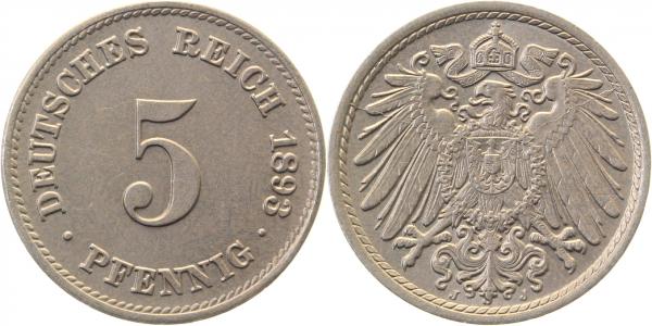 5 Pfennig 1893 J prfr/stgl/prfr J012