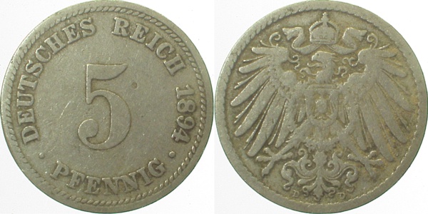 5 Pfennig 1894 D ss- J012 ss- 5 Pfennig