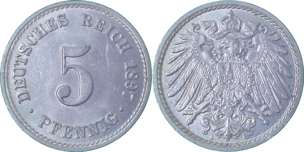 5 Pfennig 1897 A prfr/st ! J012 prfr / st 5 Pfennig