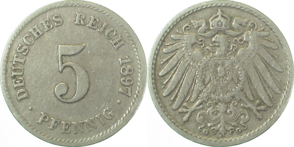 5 Pfennig 1897 G ss+ J012 ss+ 5 Pfennig