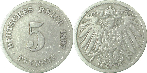 5 Pfennig 1897 G ss J012 ss 5 Pfennig