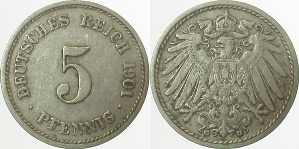 5 Pfennig 1901 G ss+ J012 ss+ 5 Pfennig