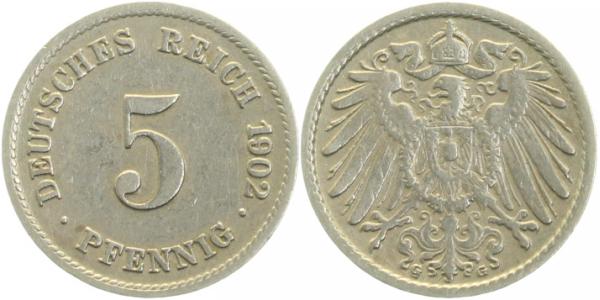 5 Pfennig 1902 G ss linke Münzzeichen deutlich doppelt! J012 ss 5 Pfennig
