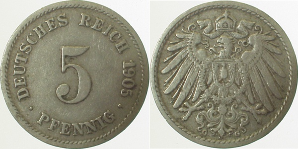 5 Pfennig 1905 G ss+ J012 ss+ 5 Pfennig