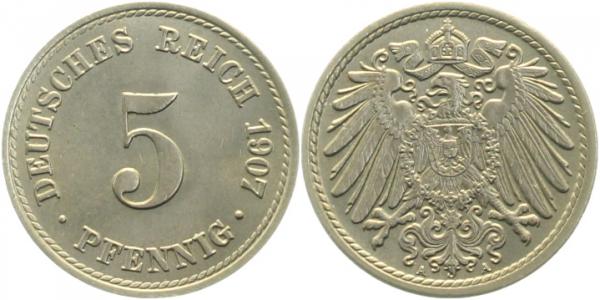 5 Pfennig 1907 A f stgl ! J012 f stgl 5 Pfennig