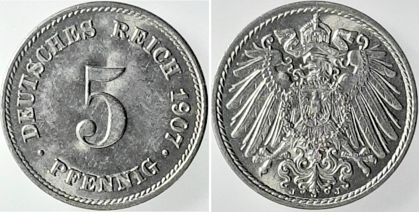 5 Pfennig 1907 J prfr/stgl. Erstabschlag