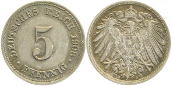 5 Pfennig 1908 D prfr teilweise Patina ! J012 prfr 5 Pfennig