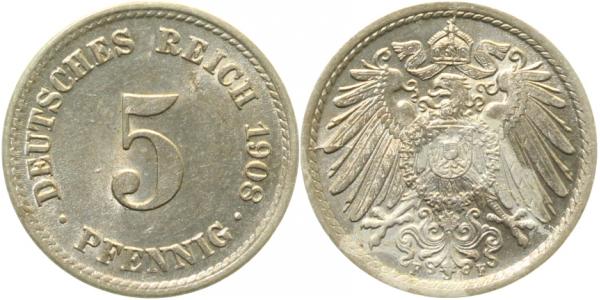 5 Pfennig 1908 F vz/stgl ! J012 vz / stgl 5 Pfennig