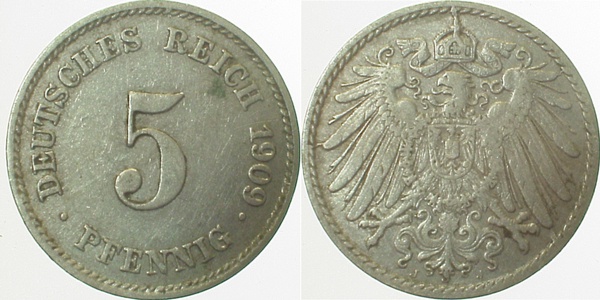 5 Pfennig 1909 J ss/vz J012 ss / vz 5 Pfennig